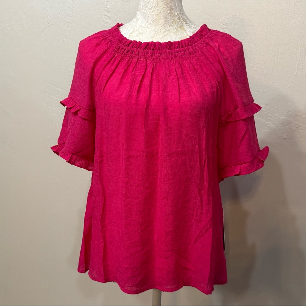 Nanette Lepore Hot Pick Fushia Size M Top Blouse Off Shoulder S/S Flowing Ruffle